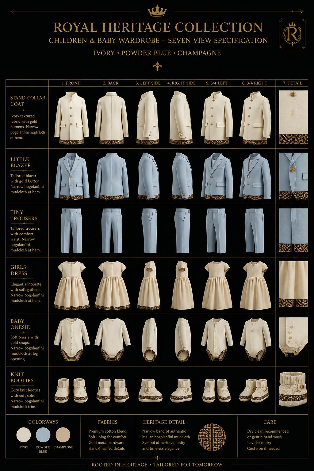Héritiers™ Children & Layette — Royalty · Héritiers seven-view specification plate; showing 01 Front, 02 Left, 03 Right, 04 Back, 05 Interior, 06 Inner tags, 07 Fabric detail. — 01 Front, Winter Ivory