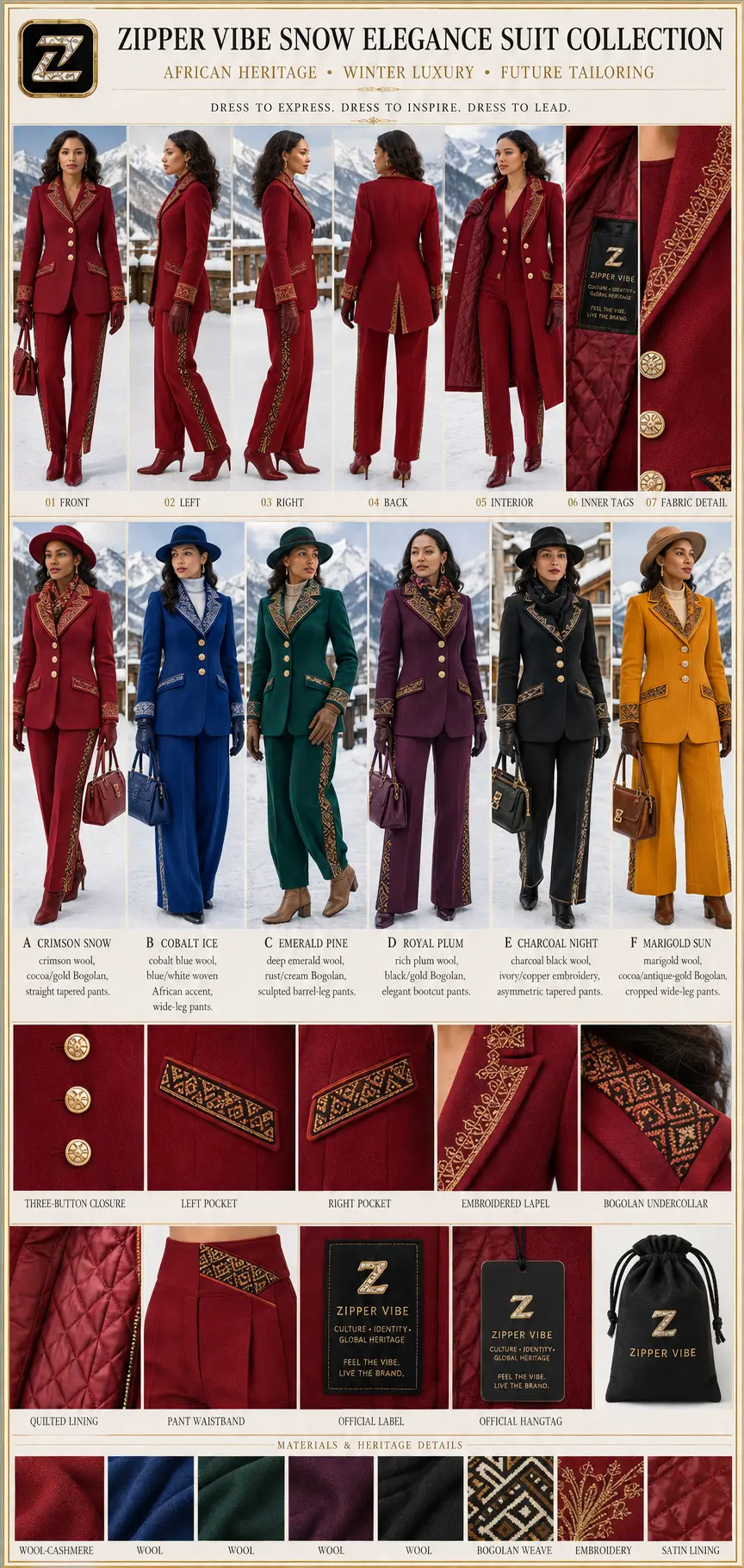 Snow Elegance Suit Collection — Women · Winter Tailoring seven-view specification plate; showing 01 Front, 02 Left, 03 Right, 04 Back, 05 Interior, 06 Inner tags, 07 Fabric detail.