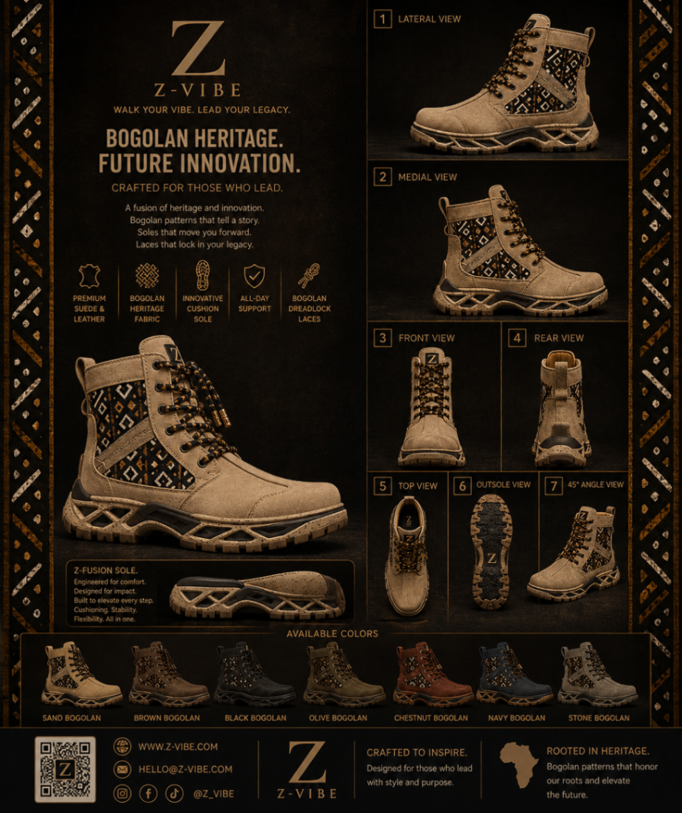 Bogolan mudcloth Field Boot™ — Men · Footwear seven-view specification plate; showing 01 Front, 02 Left, 03 Right, 04 Back, 05 Interior, 06 Inner tags, 07 Fabric detail. — 01 Front, Sand Bogolan mudcloth