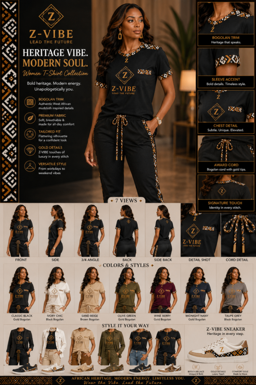 Z-VIBE™ Heritage Tee — Signature — Women · Signature Jersey seven-view specification plate; showing 01 Front, 02 Left, 03 Right, 04 Back, 05 Interior, 06 Inner tags, 07 Fabric detail. — 01 Front, Classic Black