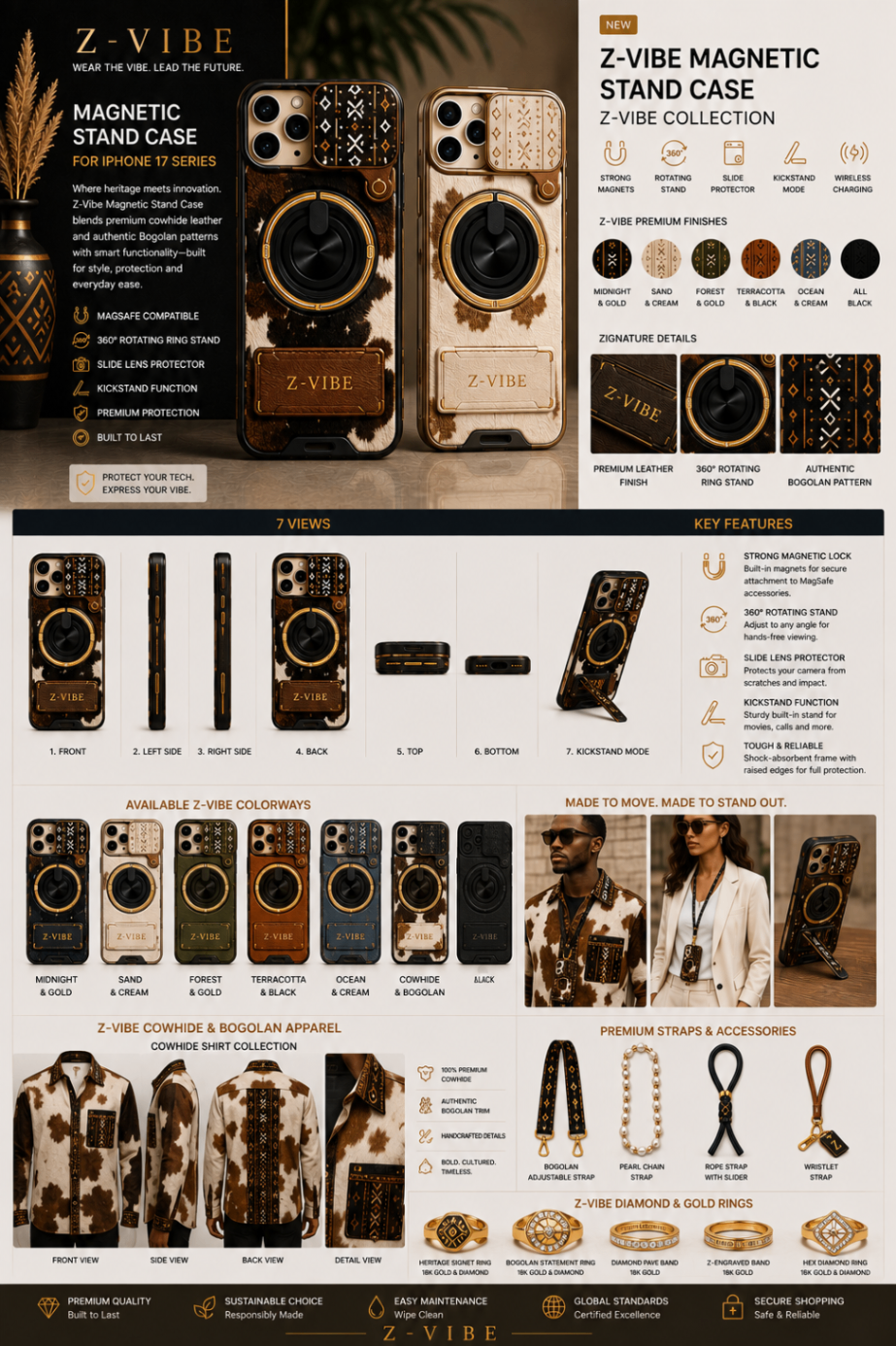 Cowhide Case & Shirt Capsule — Accessories · Capsule seven-view specification plate; showing 01 Front, 02 Left side, 03 Right side, 04 Back, 05 Top, 06 Bottom, 07 Kickstand mode.