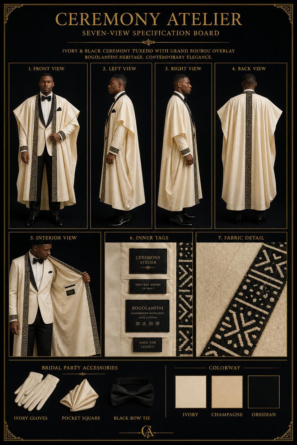 Le Marié™ Ceremony Atelier — Wedding · Cérémonie seven-view specification plate; showing 01 Front, 02 Left, 03 Right, 04 Back, 05 Interior, 06 Inner tags, 07 Fabric detail. — 01 Front, Winter Ivory
