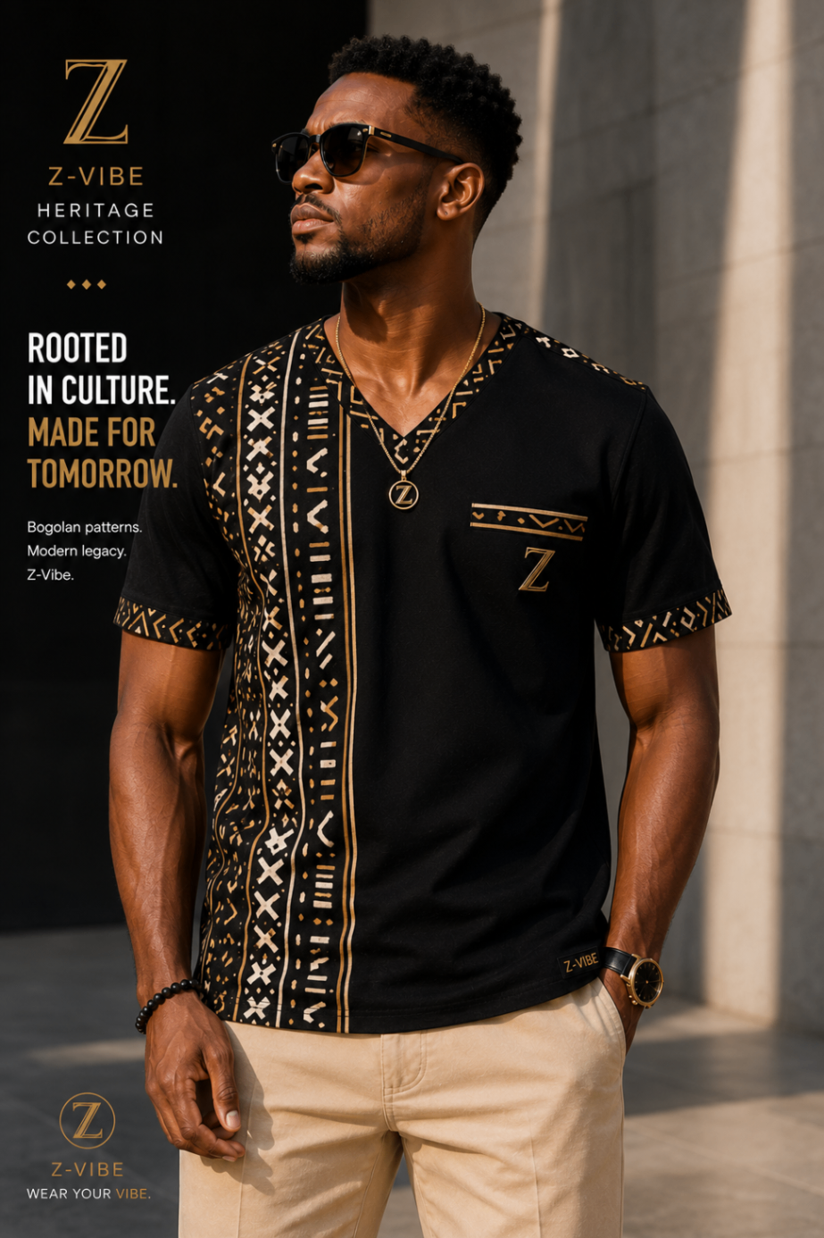 Men · Z-Vibe Heritage Collection Tees™ — approved Z-Vibe design board with Bogolan detailing