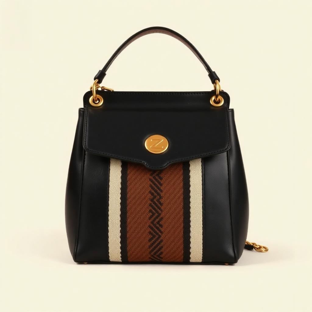 Empower Shoulder Bag — Women — House · Global Heritage Fusion seven-view specification plate; showing 01 Front, 02 Left, 03 Right, 04 Back, 05 Interior, 06 Inner tags, 07 Fabric detail. — 01 Front, Black / Brown Bogolan
