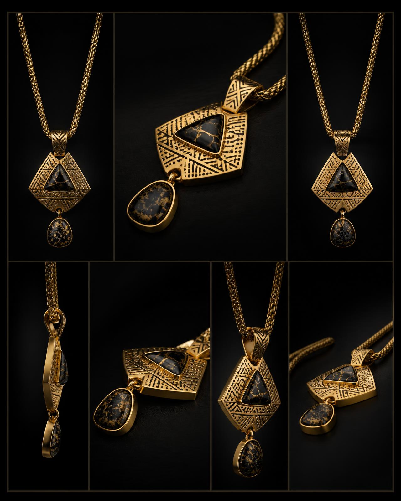 Jasper Pendant Necklace — Women — House · Z-Vibe Joaillerie seven-view specification plate; showing 01 Front, 02 Left, 03 Right, 04 Back, 05 Interior, 06 Inner tags, 07 Fabric detail. — 01 Front, Gold / Jasper Umber