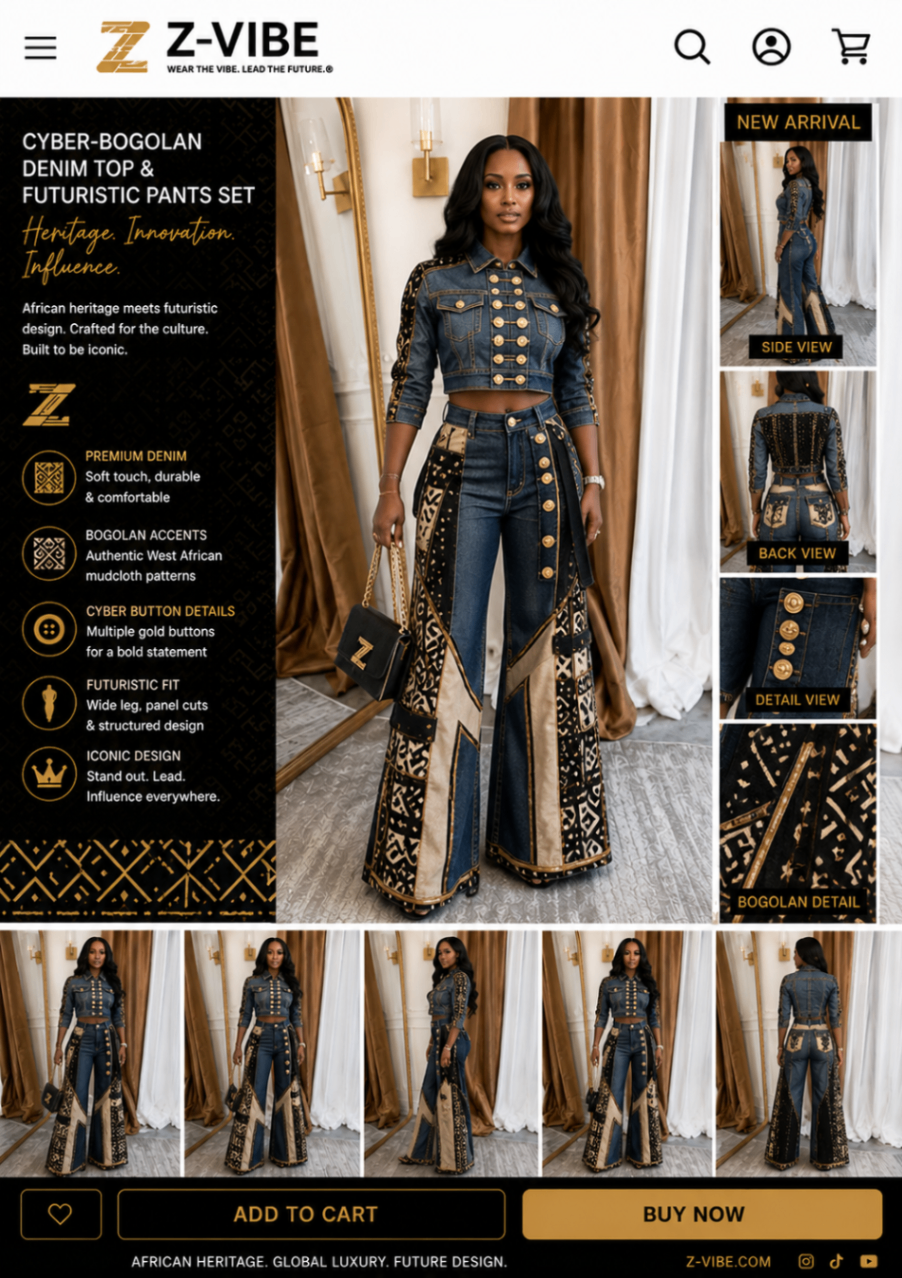 Cyber-Bogolan™ Denim Top & Panel Flare — Women · Denim seven-view specification plate; showing 01 Front, 02 Left, 03 Right, 04 Back, 05 Interior, 06 Inner tags, 07 Fabric detail. — 01 Front, Mid Indigo
