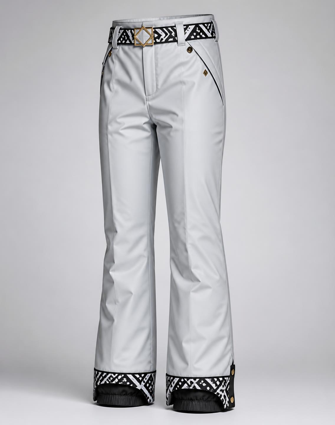 Silver Dune Tailored Snow Pant — Girls — House · Z-Vibe Winter Pants Atelier™ seven-view specification plate; showing 01 Front, 02 Left, 03 Right, 04 Back, 05 Interior, 06 Inner tags, 07 Fabric detail. — 01 Front, Silver Grey
