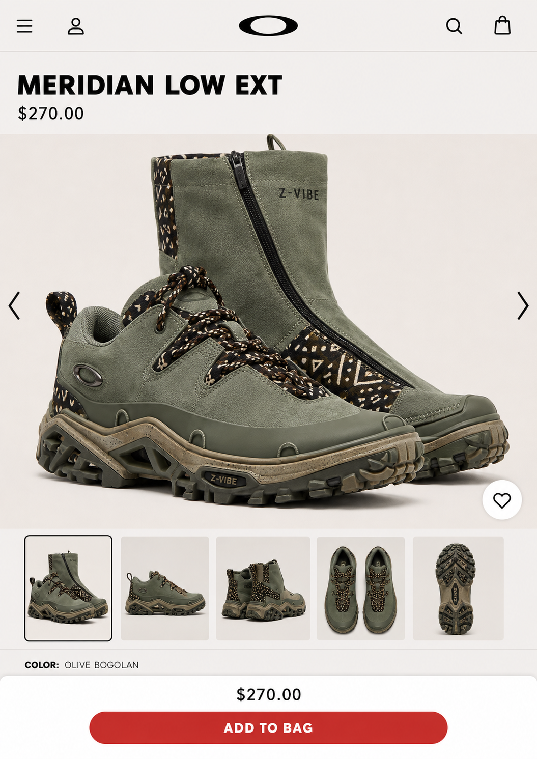 Meridian Olive Field Boot — Men — House · Z-Vibe Ascend seven-view specification plate; showing 01 Front, 02 Left, 03 Right, 04 Back, 05 Interior, 06 Inner tags, 07 Fabric detail. — 01 Front, Olive Bogolan