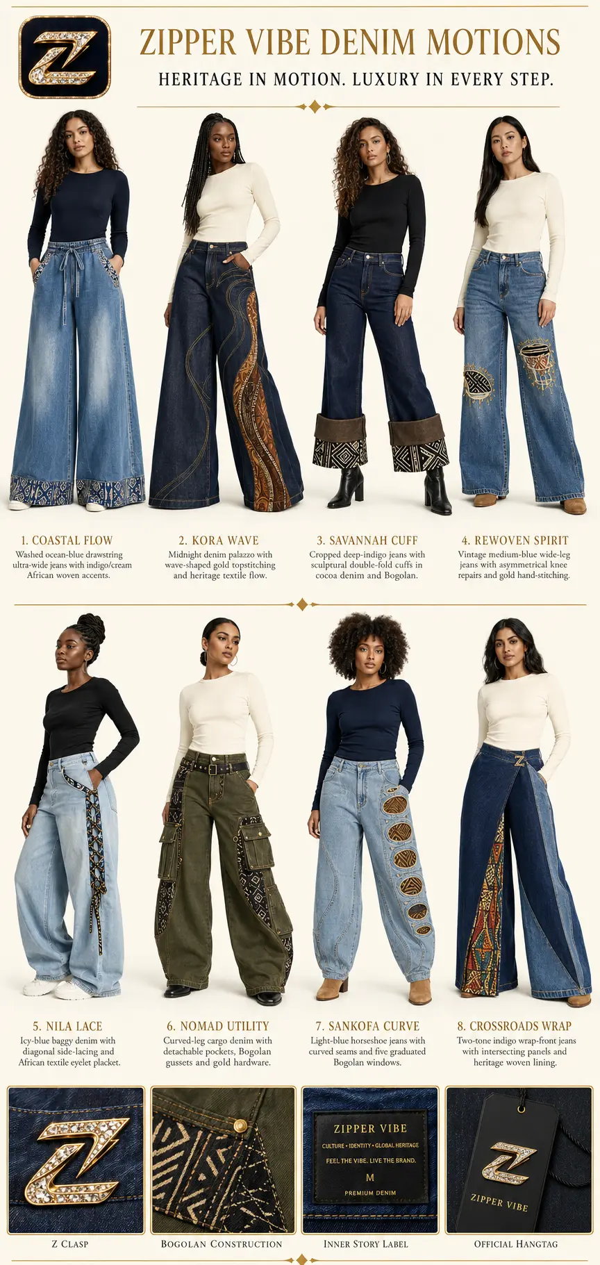 Denim Motions — Women · Denim seven-view specification plate; showing 01 Front, 02 Left, 03 Right, 04 Back, 05 Interior, 06 Inner tags, 07 Fabric detail.