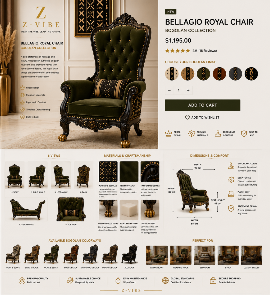 Bellagio Royal Chair — Olive Velvet — Maison · Furniture seven-view specification plate; showing 01 Front, 02 Right angle, 03 Left angle, 04 Back, 05 Side profile, 06 Top view, 07 Detail.