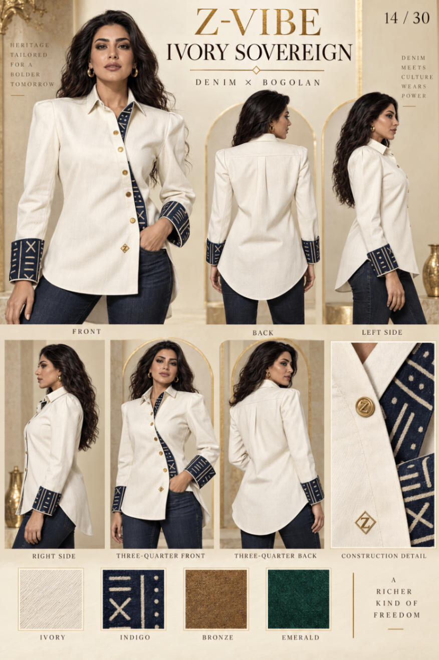 Z-Vibe Ivory Sovereign™ Denim Shirt — Women — House · Denim x Bogolan Atelier seven-view specification plate; showing 01 Front, 02 Left, 03 Right, 04 Back, 05 Interior, 06 Inner tags, 07 Fabric detail. — 01 Front, Ivory / Black Bogolan