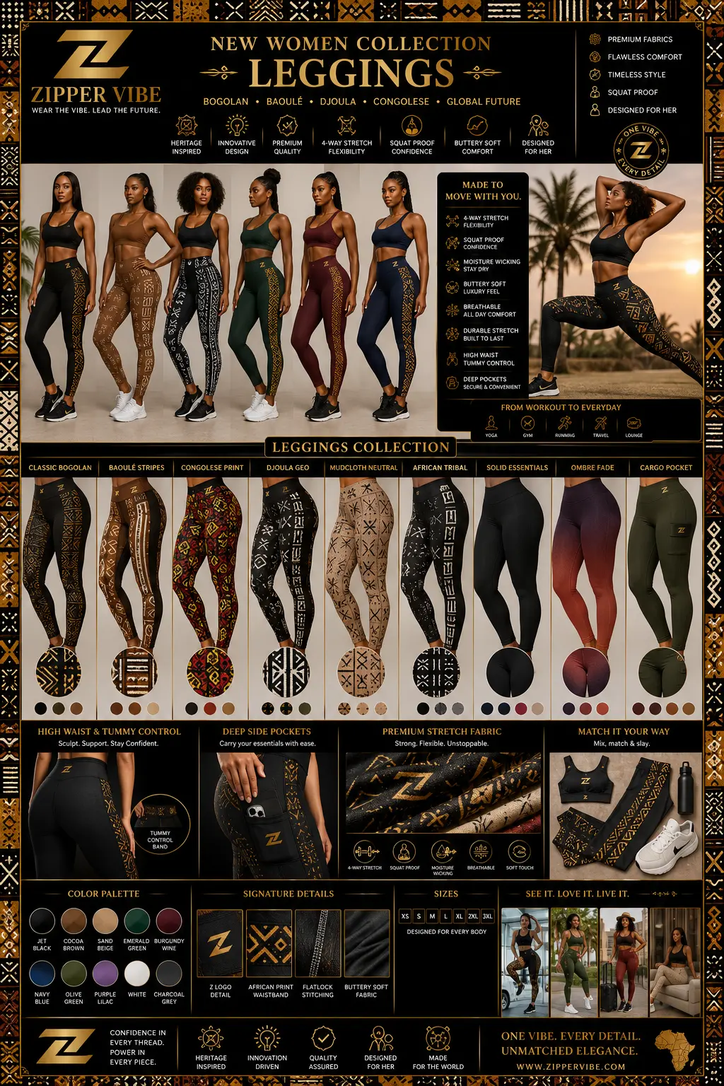 Leggings collection in Bogolan mudcloth, Baoulé, Congolese and Djoula prints with side panels and cargo pockets