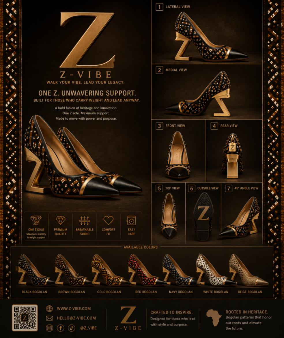 One Z Pump™ — Women · Footwear seven-view specification plate; showing 01 Front, 02 Left, 03 Right, 04 Back, 05 Interior, 06 Inner tags, 07 Fabric detail; made in Bogolan-printed leather, gold-finished One Z heel, leather lining; shown in Black Bogolan mudcloth, Brown Bogolan mudcloth, Gold Bogolan mudcloth, Red Bogolan mudcloth, Navy Bogolan mudcloth, White Bogolan mudcloth, Beige Bogolan mudcloth.