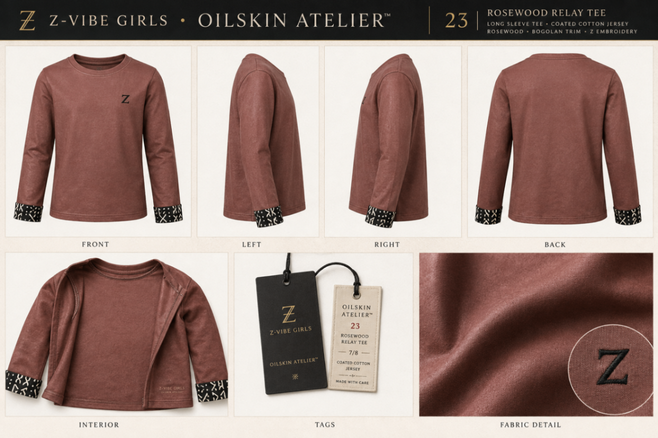 Rosewood Relay Tee — Girls — House · Z-Vibe Oilskin Atelier seven-view specification plate; showing 01 Front, 02 Left, 03 Right, 04 Back, 05 Interior, 06 Inner tags, 07 Fabric detail. — 01 Front, Rosewood