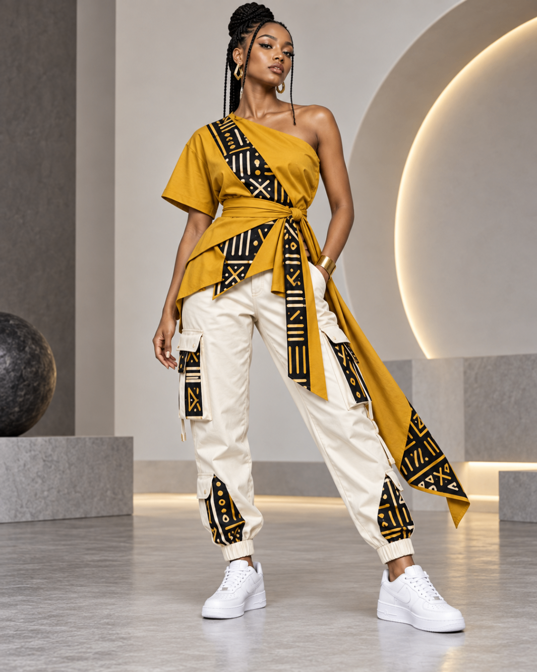 Ochre One-Shoulder Wrap & Ivory Cargo Joggers — Women — House · Z-Vibe Bogolan Lounge™ seven-view specification plate; showing 01 Front, 02 Left, 03 Right, 04 Back, 05 Interior, 06 Inner tags, 07 Fabric detail. — 01 Front, Ochre / Ivory