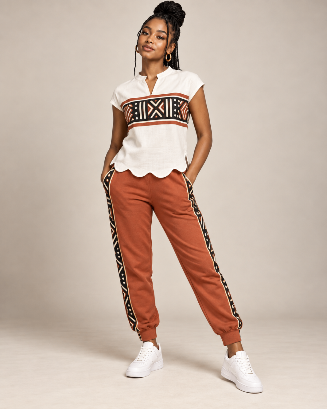 White Scallop Collar Tee & Terracotta Joggers — Women — House · Z-Vibe Bogolan Lounge™ seven-view specification plate; showing 01 Front, 02 Left, 03 Right, 04 Back, 05 Interior, 06 Inner tags, 07 Fabric detail. — 01 Front, White / Terracotta