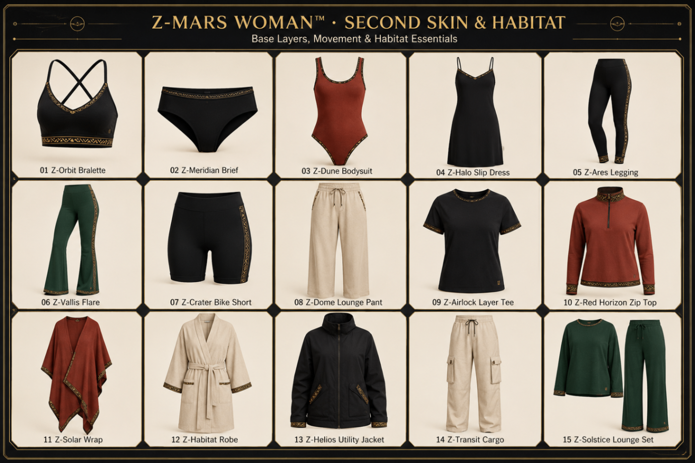 Z-Orbit Bralette — Women — House · Z-Mars Woman™ Second Skin seven-view specification plate; showing 01 Front, 02 Left, 03 Right, 04 Back, 05 Interior, 06 Inner tags, 07 Fabric detail. — 01 Front, Onyx Black