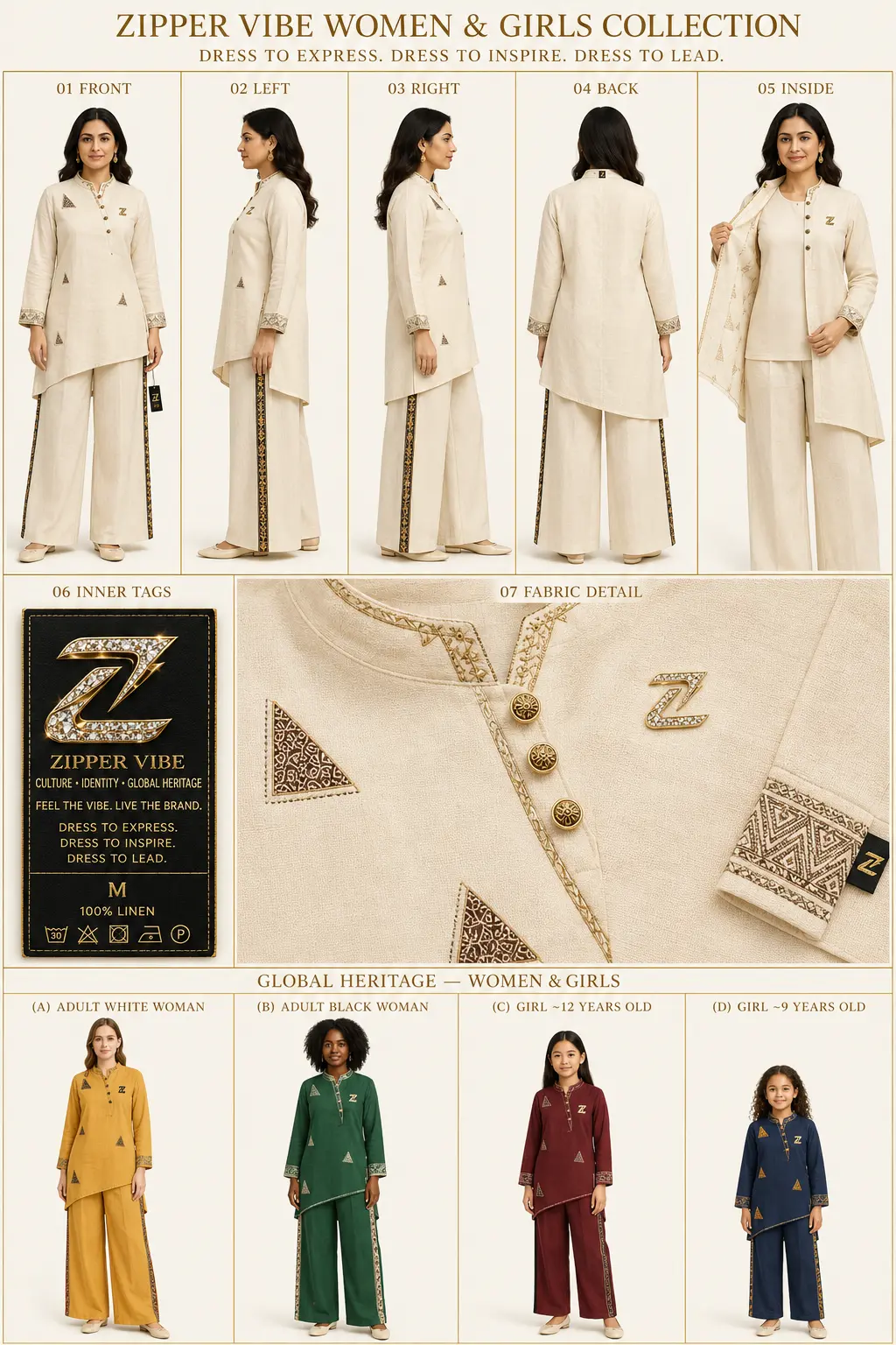 Women & Girls Set — Ivory — Family · Linen seven-view specification plate; showing 01 Front, 02 Left, 03 Right, 04 Back, 05 Interior, 06 Inner tags, 07 Fabric detail.