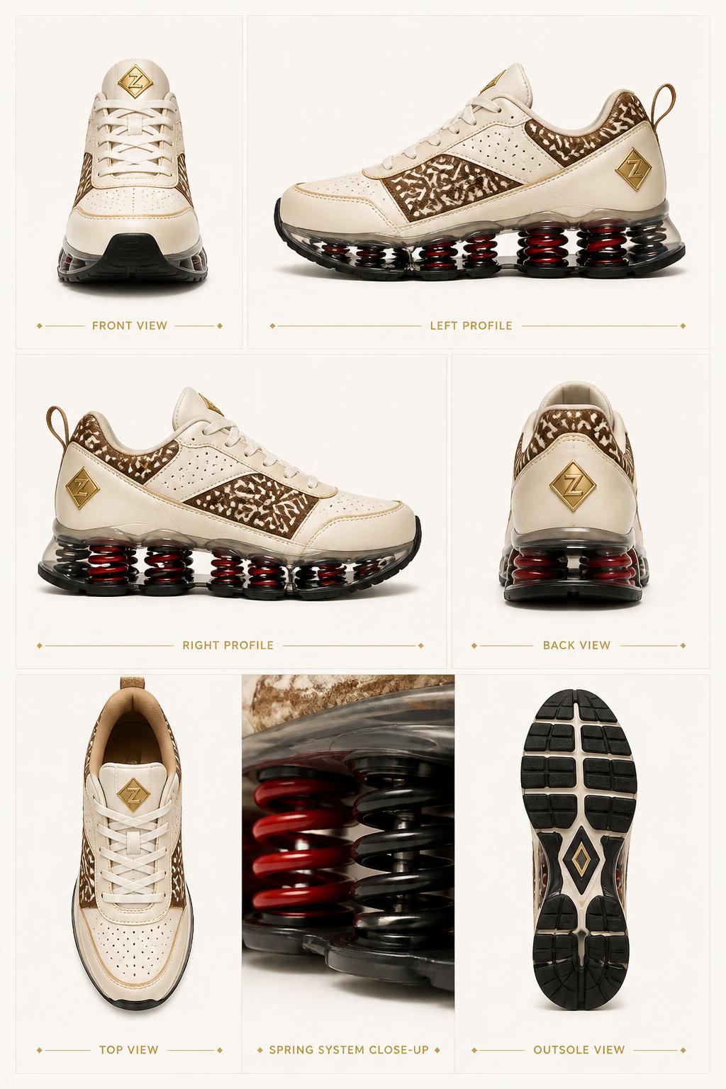 Z-Kinetic™ Spring Sole Runner — Women · Performance Footwear seven-view specification plate; showing 01 Front, 02 Left, 03 Right, 04 Back, 05 Interior, 06 Inner tags, 07 Fabric detail; made in Ivory calf leather, Bogolan mudcloth, steel coil towers, smoke TPU, carbon plate; shown in Crimson Coil, Graphite Coil, Jade Coil, Ivory Mud, Obsidian Gold, Bronze Earth.