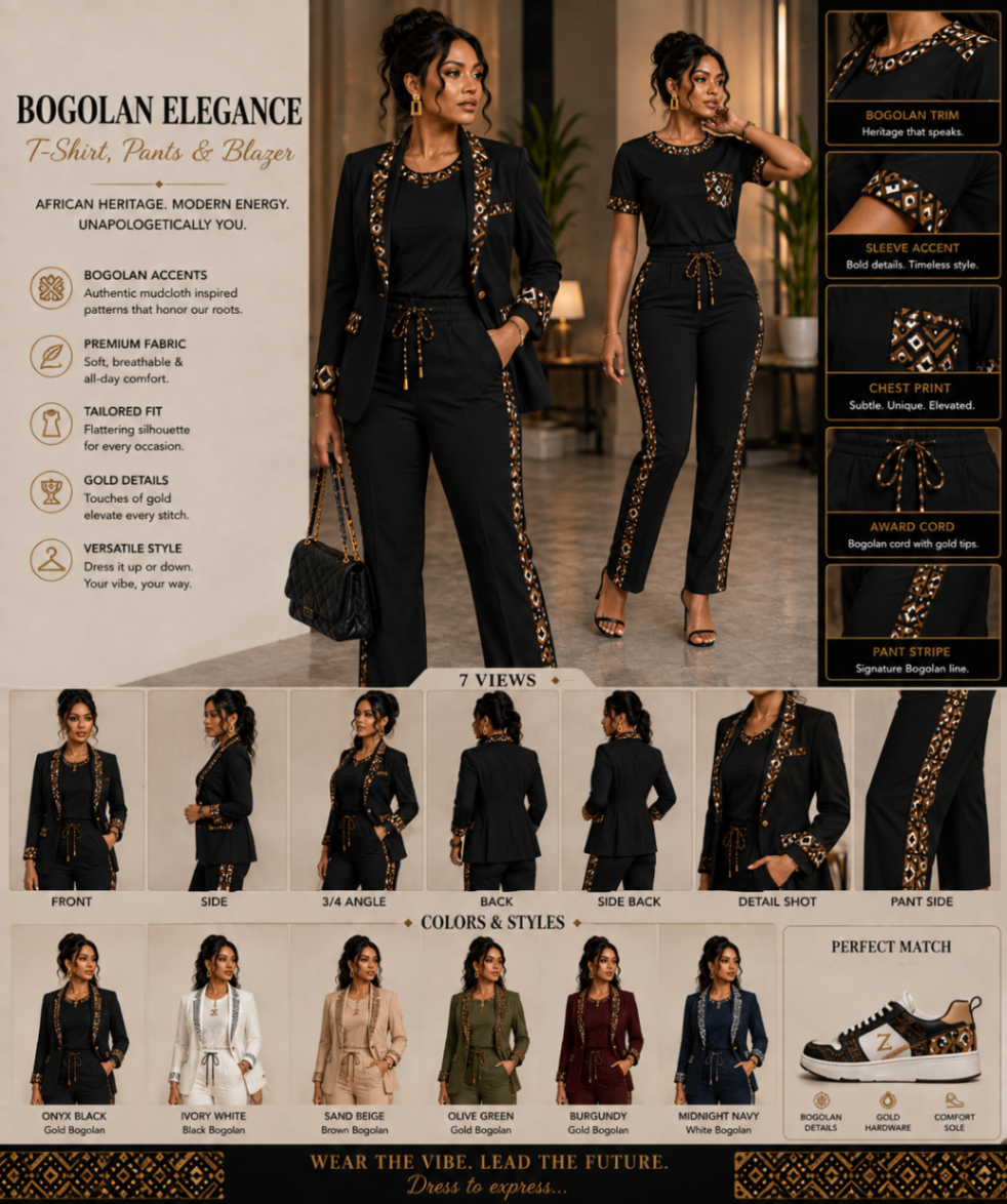 Bogolan mudcloth Elegance™ — Ivory Studio Plate — Women · Bogolan mudcloth Atelier seven-view specification plate; showing 01 Front, 02 Left, 03 Right, 04 Back, 05 Interior, 06 Inner tags, 07 Fabric detail. — 01 Front, Onyx Black