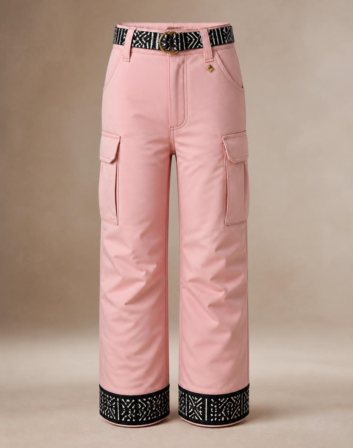 Rose Quartz Utility Trouser — Girls — House · Z-Vibe Winter Pants Atelier™ seven-view specification plate; showing 01 Front, 02 Left, 03 Right, 04 Back, 05 Interior, 06 Inner tags, 07 Fabric detail. — 01 Front, Rose Quartz