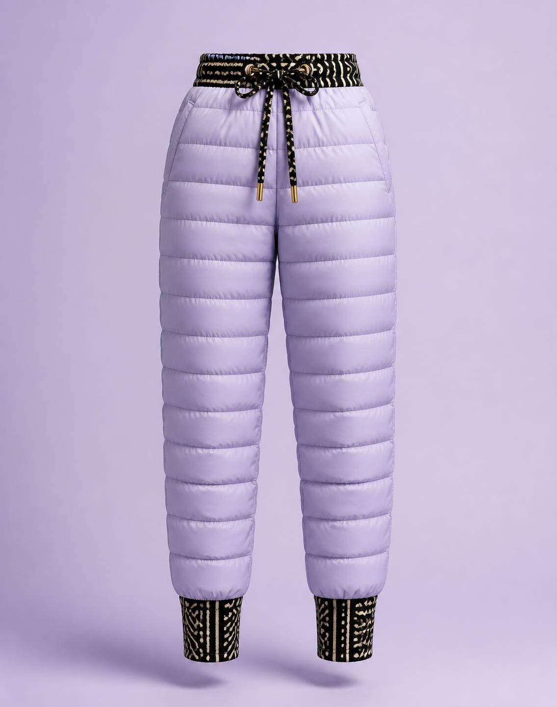Lavender Circuit Puffer Pant — Girls — House · Z-Vibe Winter Pants Atelier™ seven-view specification plate; showing 01 Front, 02 Left, 03 Right, 04 Back, 05 Interior, 06 Inner tags, 07 Fabric detail. — 01 Front, Lavender