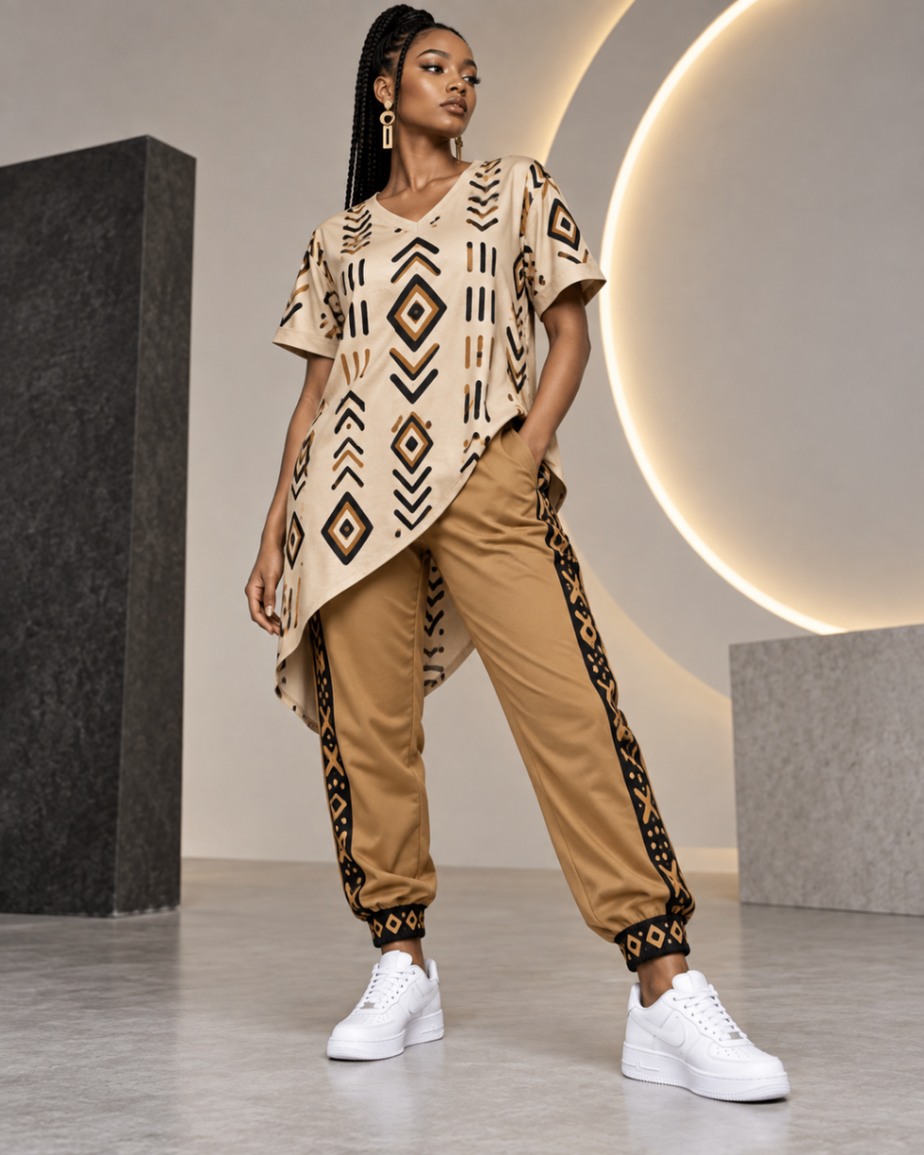 Sand Diamond All-Over Tee & Camel Joggers — Women — House · Z-Vibe Bogolan Lounge™ seven-view specification plate; showing 01 Front, 02 Left, 03 Right, 04 Back, 05 Interior, 06 Inner tags, 07 Fabric detail. — 01 Front, Sand / Camel