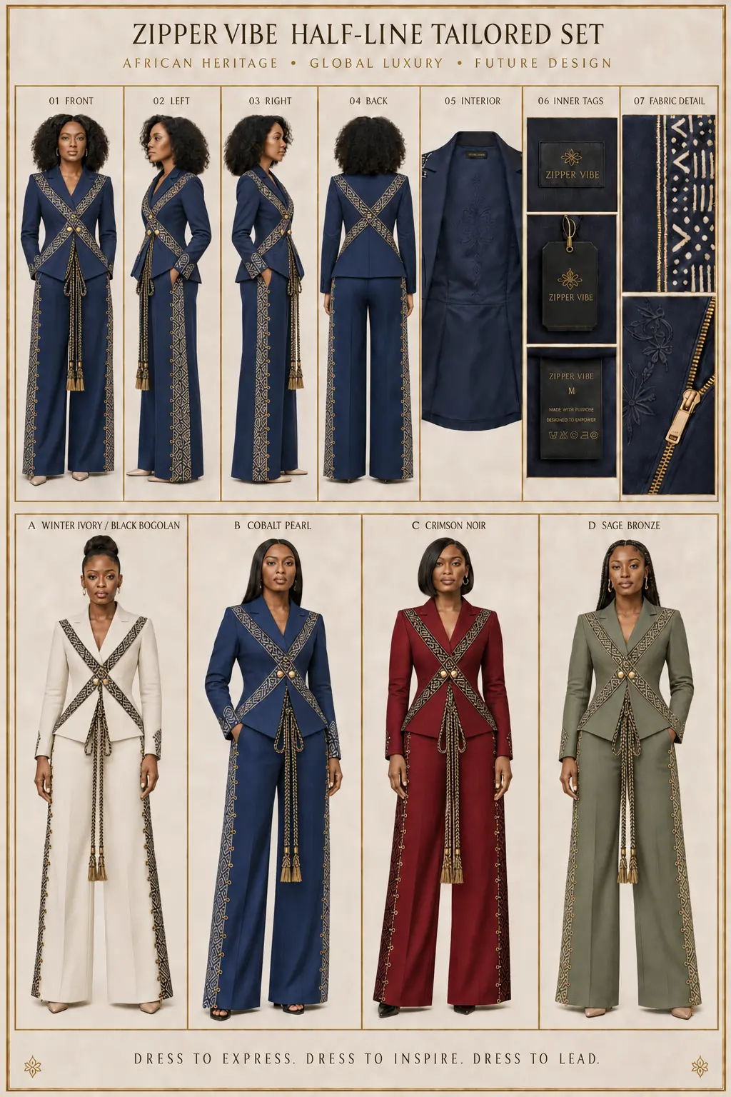 Half-Line Tailored Set — Cord Cross — Women · Tailoring seven-view specification plate; showing 01 Front, 02 Left, 03 Right, 04 Back, 05 Interior, 06 Inner tags, 07 Fabric detail.
