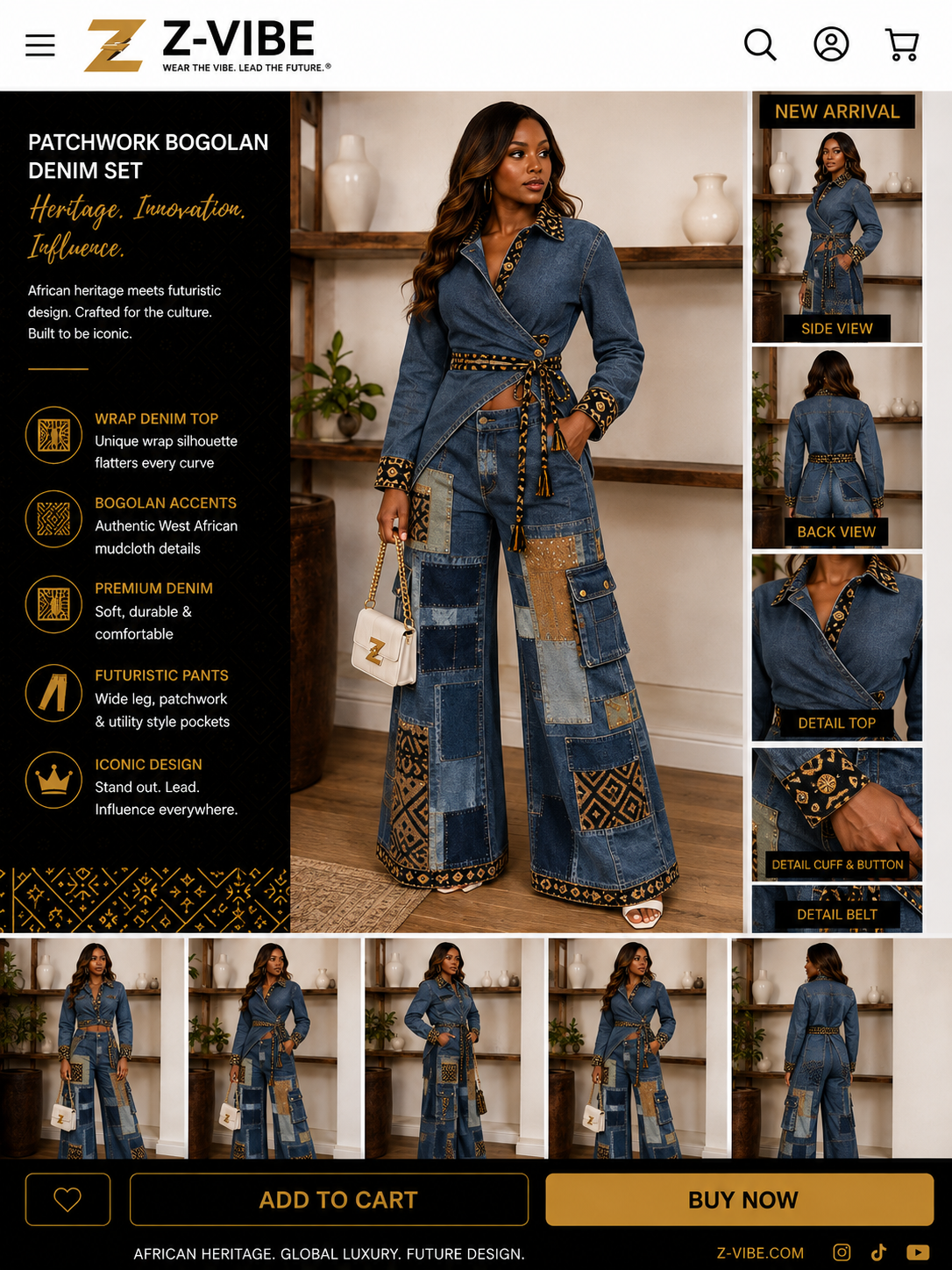 Patchwork Bogolan mudcloth™ Collar Wrap Denim Set — Women · Denim seven-view specification plate; showing 01 Front, 02 Left, 03 Right, 04 Back, 05 Interior, 06 Inner tags, 07 Fabric detail. — 01 Front, Indigo Gold