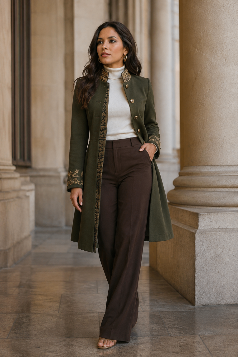 Olive Embroidered Riding Coat design board