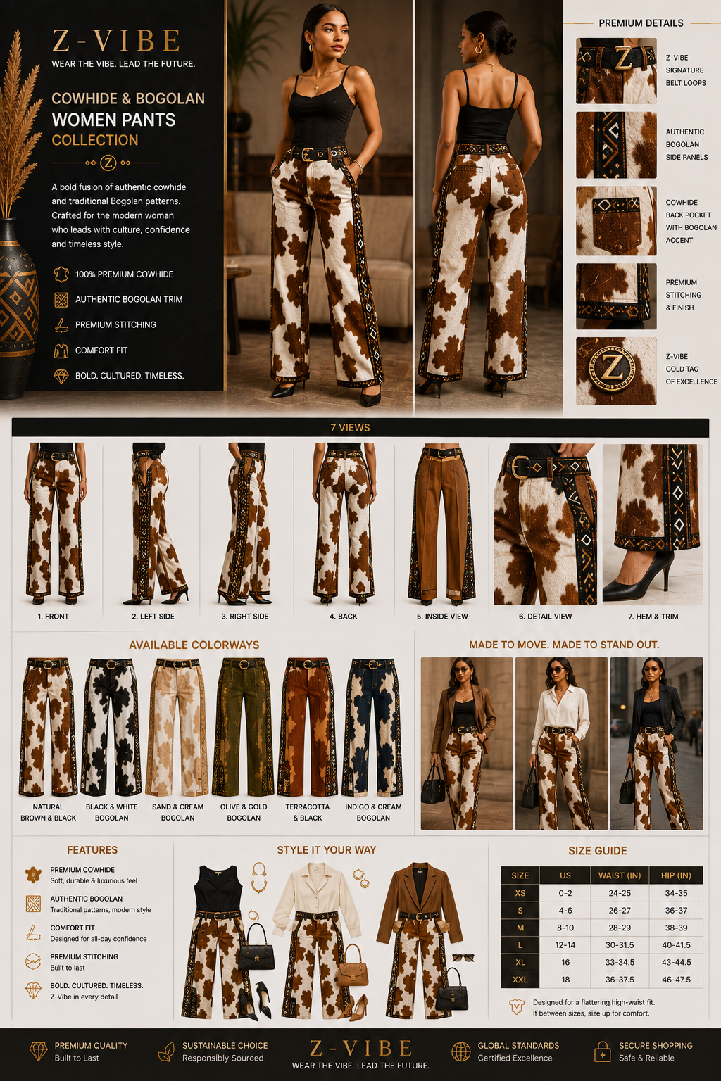 Cowhide Bogolan Wide-Leg Trouser — Women — House · Cowhide & Bogolan seven-view specification plate; showing 01 Front, 02 Left, 03 Right, 04 Back, 05 Interior, 06 Inner tags, 07 Fabric detail. — 01 Front, Natural Brown & Black