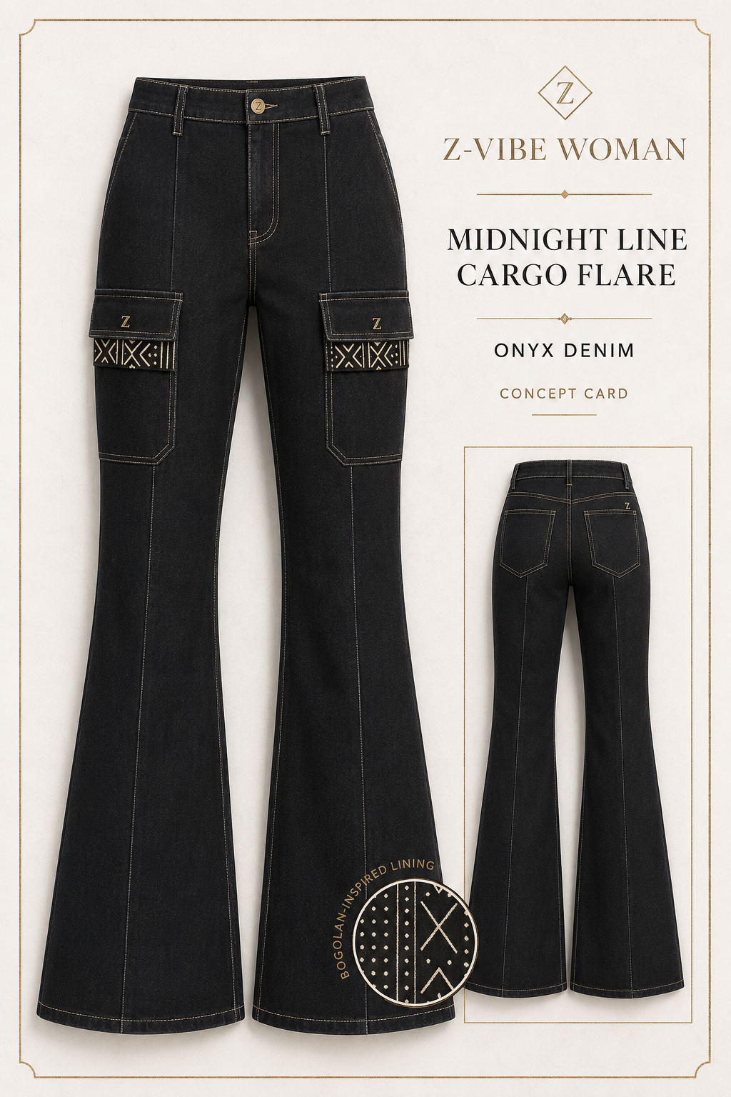 Midnight Line Cargo Flare — Women — House · Z-Vibe Signature Collection seven-view specification plate; showing 01 Front, 02 Left, 03 Right, 04 Back, 05 Interior, 06 Inner tags, 07 Fabric detail. — 01 Front, Onyx Denim