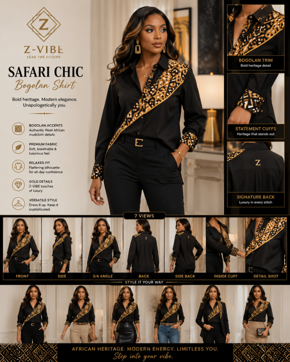 Safari Chic™ Bogolan mudcloth Shirt — Women · Shirting seven-view specification plate; showing 01 Front, 02 Left, 03 Right, 04 Back, 05 Interior, 06 Inner tags, 07 Fabric detail. — 01 Front, Onyx Black / Gold Bogolan mudcloth