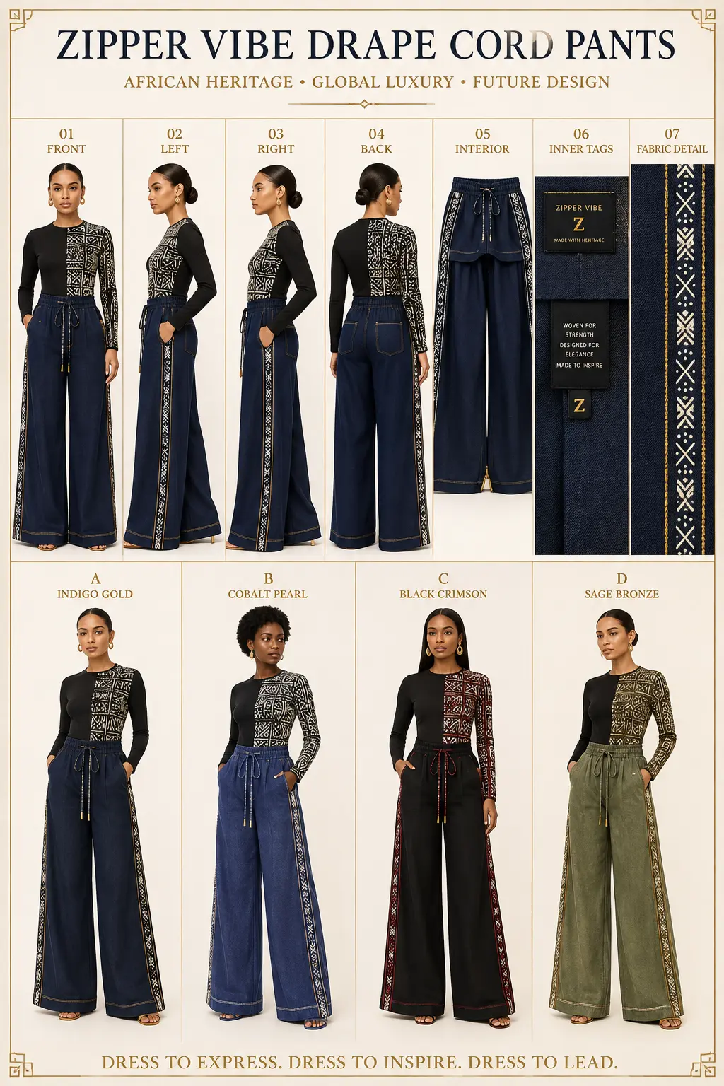 Drape Cord Pants — Women · Denim & Drape seven-view specification plate; showing 01 Front, 02 Left, 03 Right, 04 Back, 05 Interior, 06 Inner tags, 07 Fabric detail.