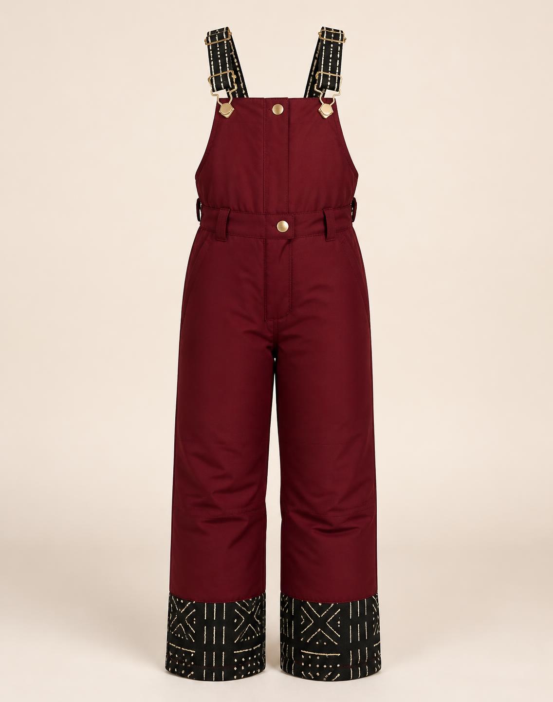 Garnet Prism Bib Pant — Girls — House · Z-Vibe Winter Pants Atelier™ seven-view specification plate; showing 01 Front, 02 Left, 03 Right, 04 Back, 05 Interior, 06 Inner tags, 07 Fabric detail. — 01 Front, Garnet