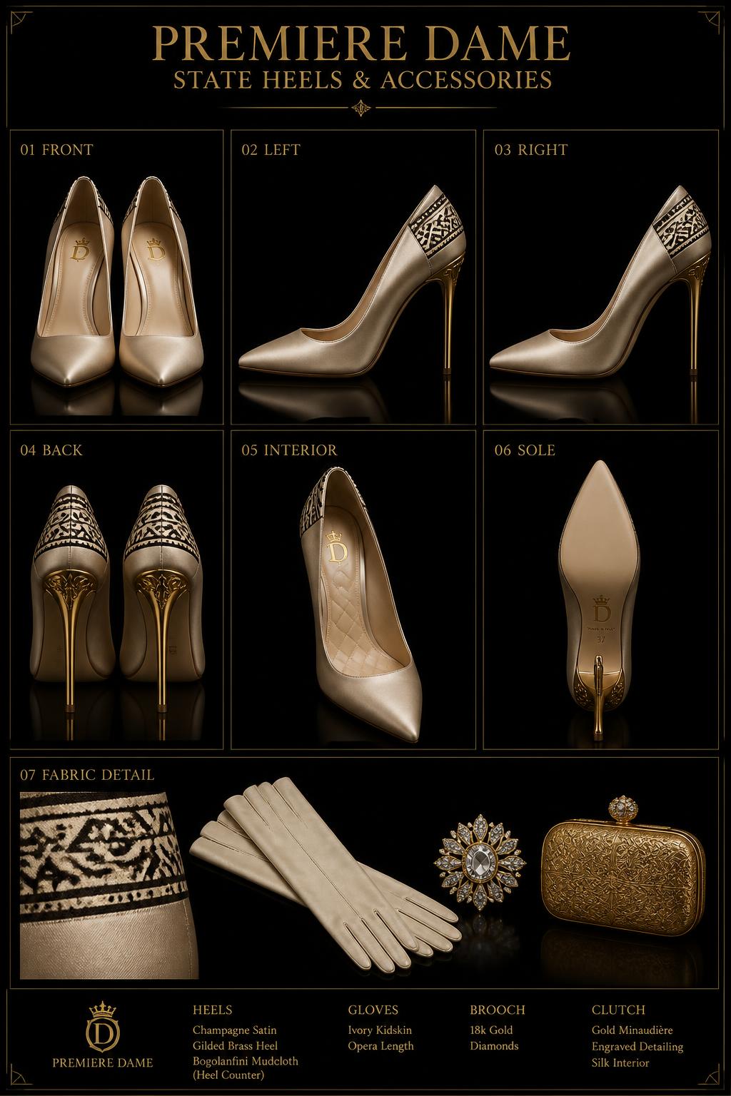 Royalty™ Première Dame Heels & Accessories — Royalty · Première Dame seven-view specification plate; showing 01 Front, 02 Left, 03 Right, 04 Back, 05 Interior, 06 Inner tags, 07 Fabric detail. — 01 Front, Champagne État