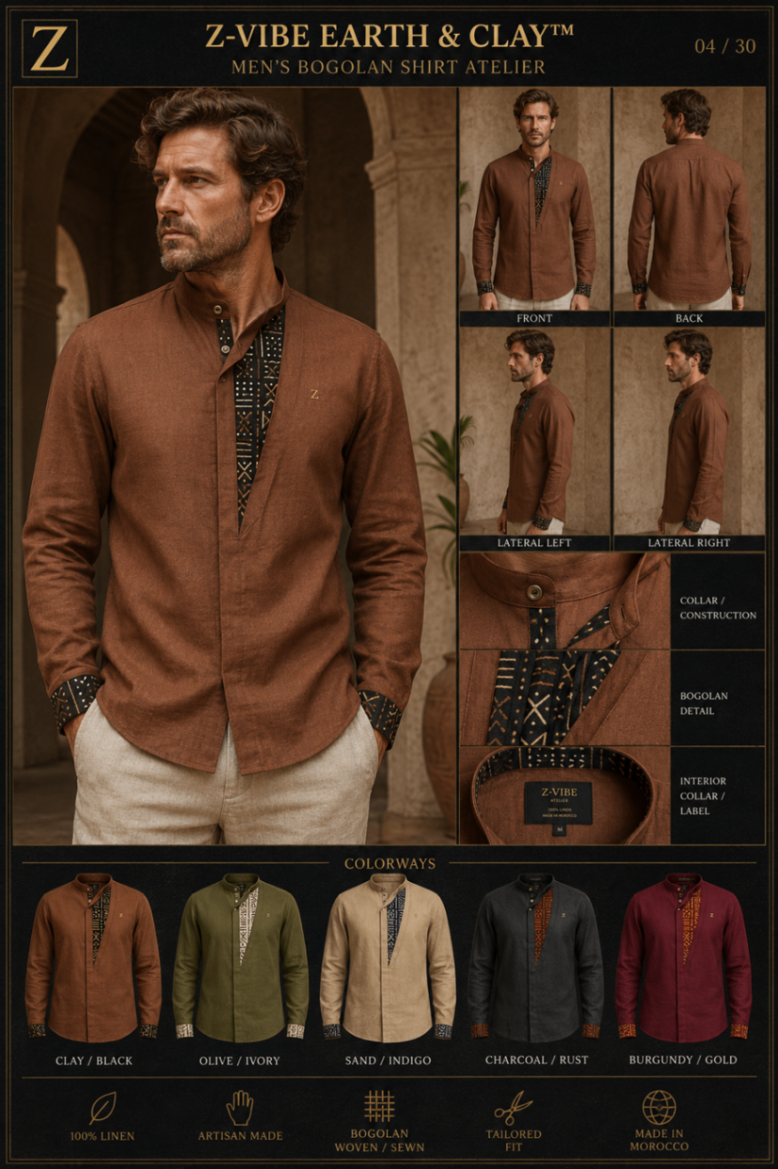 Men · Z-Vibe Atelier Shirts™ XVI — approved Z-Vibe design board with Bogolan detailing