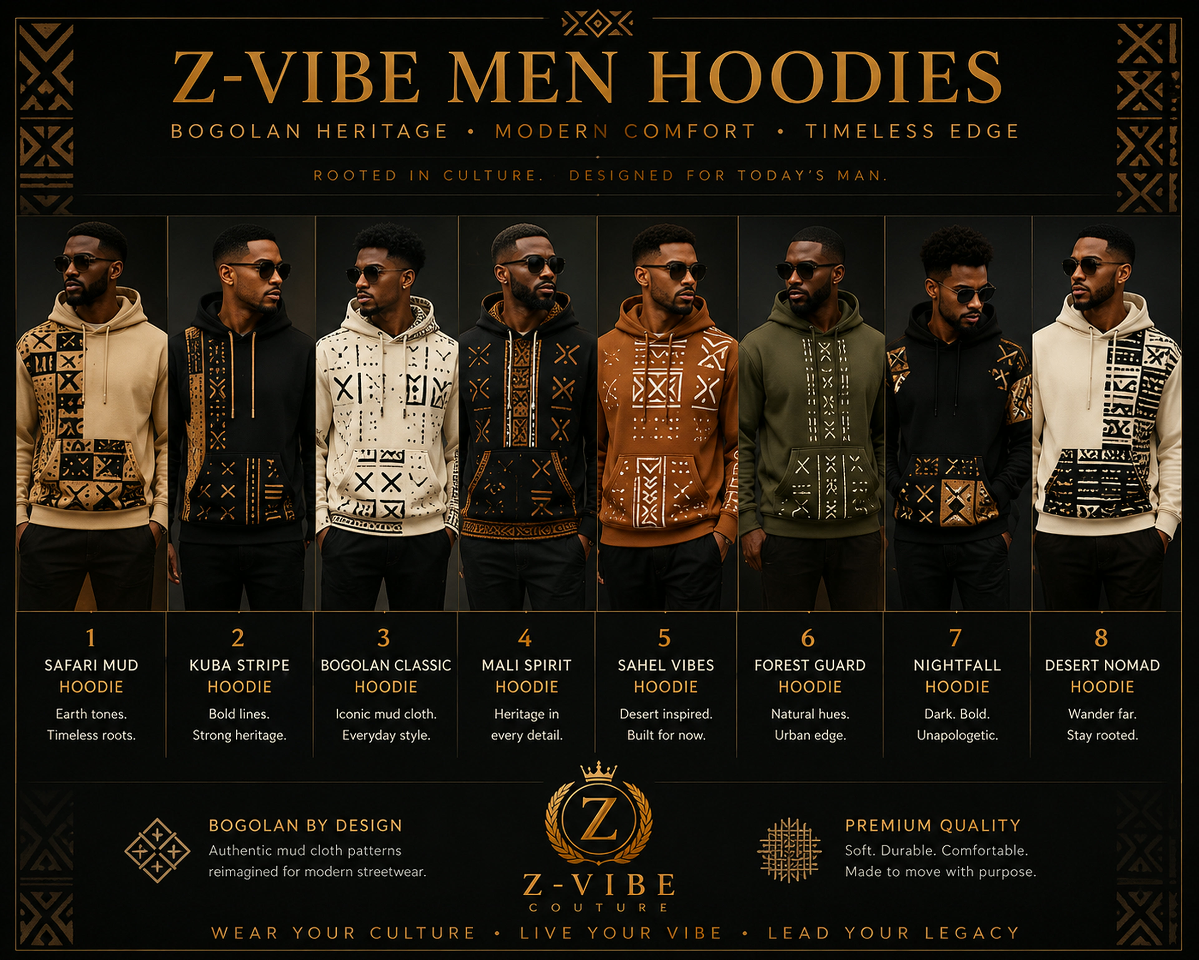 Men · Z-Vibe Hoodie Maison™ — approved Z-Vibe design board with Bogolan detailing