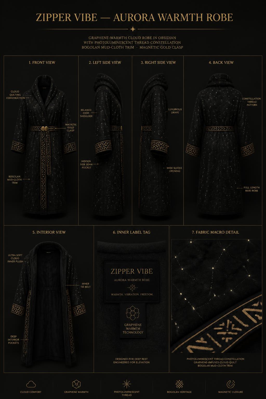 Z-VIBE Aurora Warmth Robe™ — Women · Nightwear seven-view specification plate; showing 01 Front, 02 Left, 03 Right, 04 Back, 05 Interior, 06 Inner tags, 07 Fabric detail. — 01 Front, Obsidian Gold