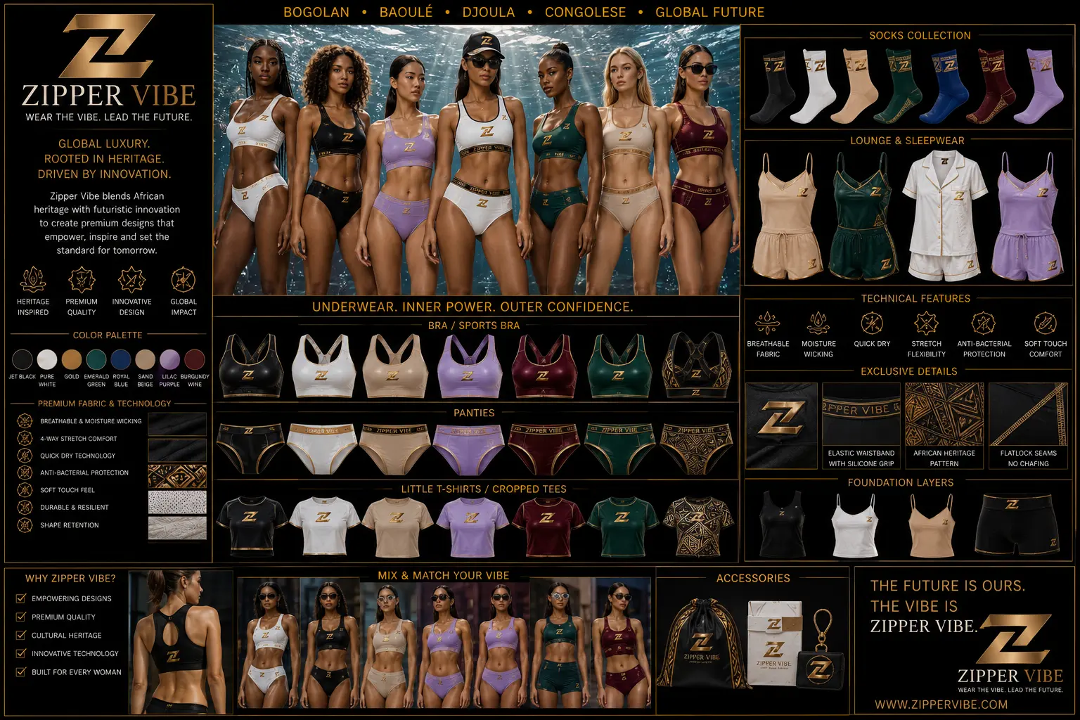 Zipper Vibe intimates line-up: sports bras, panties and cropped tees in black, ivory, lilac, emerald and burgundy