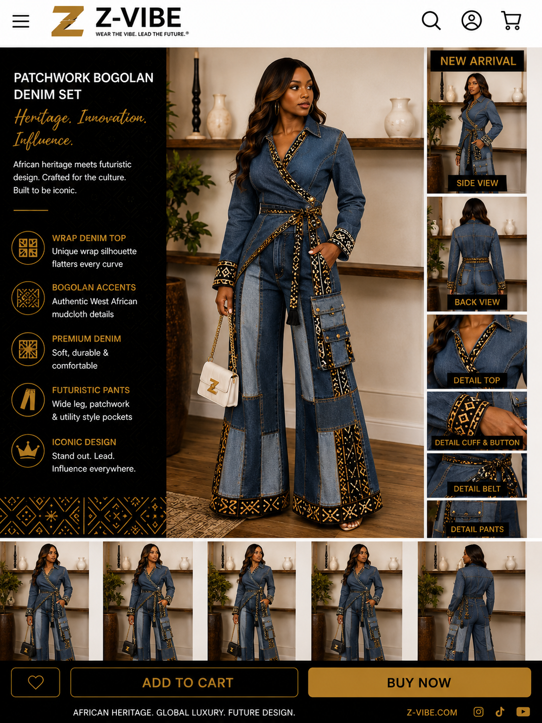 Patchwork Bogolan mudcloth™ Wrap Denim Set — Women · Denim seven-view specification plate; showing 01 Front, 02 Left, 03 Right, 04 Back, 05 Interior, 06 Inner tags, 07 Fabric detail. — 01 Front, Two-Tone Indigo