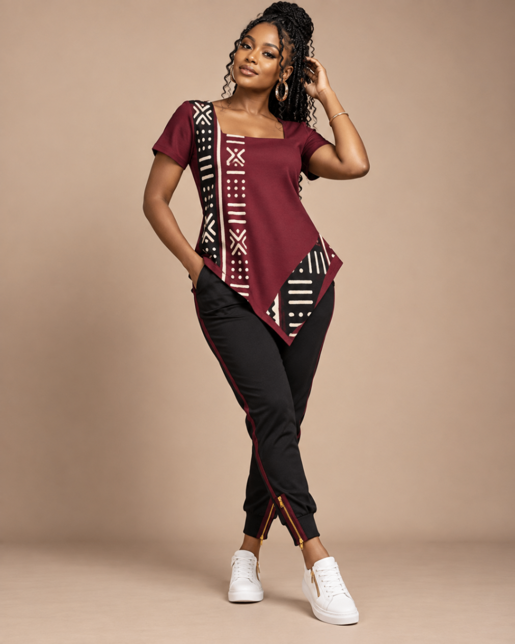 Burgundy Asymmetric Top & Black Zip Joggers design board