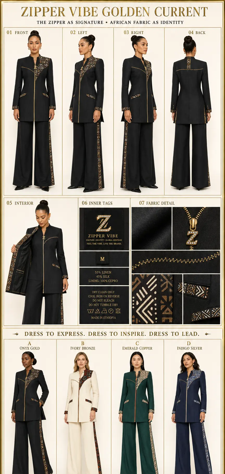 Golden Current — Women · Couture seven-view specification plate; showing 01 Front, 02 Left, 03 Right, 04 Back, 05 Interior, 06 Inner tags, 07 Fabric detail.