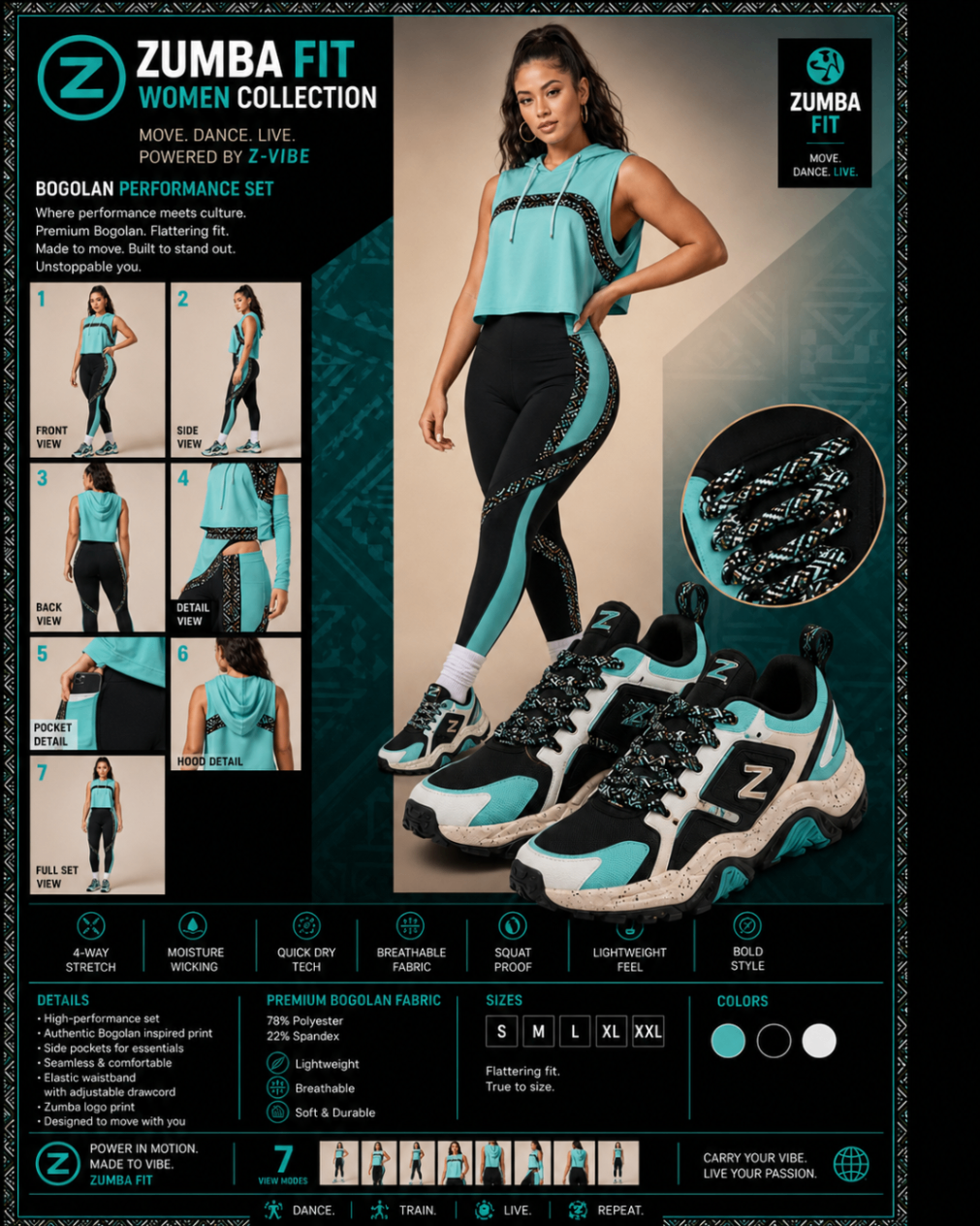 Women Bogolan Performance Set — Women — House · Fit Dance seven-view specification plate; showing 01 Front, 02 Left, 03 Right, 04 Back, 05 Interior, 06 Inner tags, 07 Fabric detail. — 01 Front, Teal