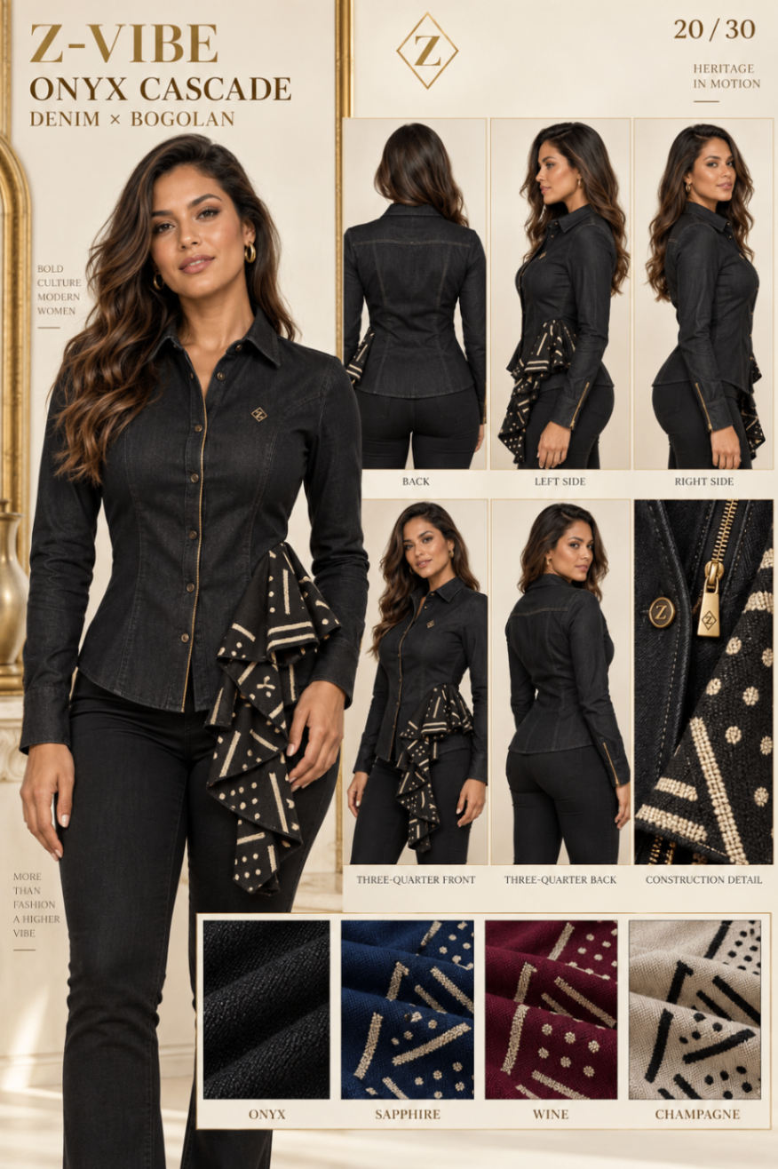 Z-Vibe Onyx Cascade™ Denim Shirt — Women — House · Denim x Bogolan Atelier seven-view specification plate; showing 01 Front, 02 Left, 03 Right, 04 Back, 05 Interior, 06 Inner tags, 07 Fabric detail. — 01 Front, Onyx / Cream
