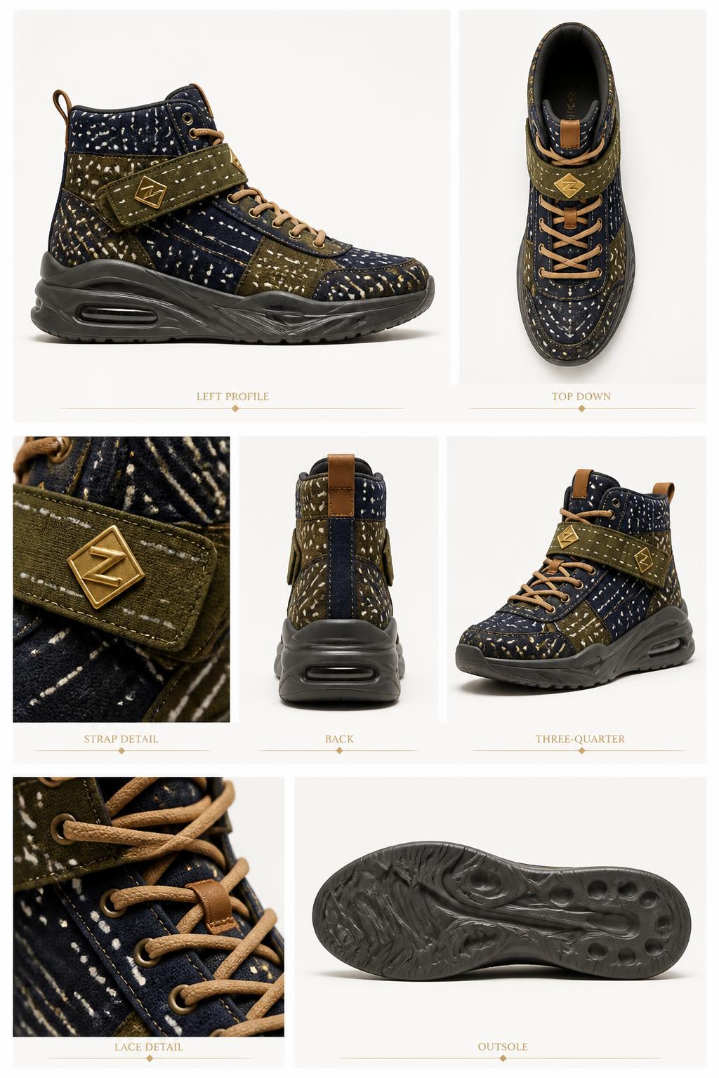 Z-Vibe™ Indigo Bogolan mudcloth High-Top — Women · Footwear seven-view specification plate; showing 01 Front, 02 Left, 03 Right, 04 Back, 05 Interior, 06 Inner tags, 07 Fabric detail; made in Hand-dyed indigo Bogolan mudcloth, olive mudcloth, tan waxed laces, air-cushion EVA sole; shown in Indigo Olive, Indigo Night, Sand Olive, Ochre Earth, Obsidian Gold, Ivory Mud.