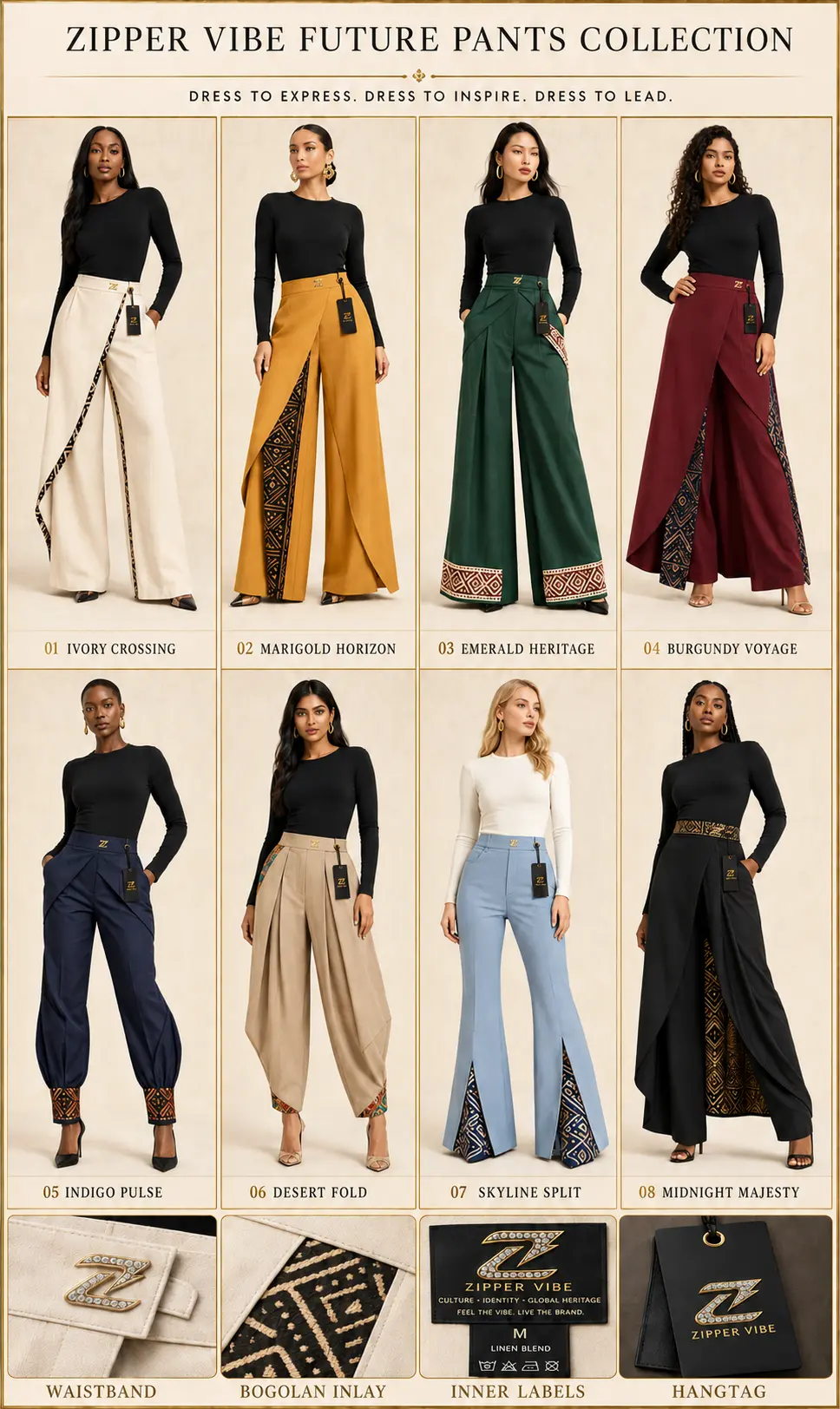 Future Pants Collection — Wraps — Women · Future Tailoring seven-view specification plate; showing 01 Front, 02 Left, 03 Right, 04 Back, 05 Interior, 06 Inner tags, 07 Fabric detail.