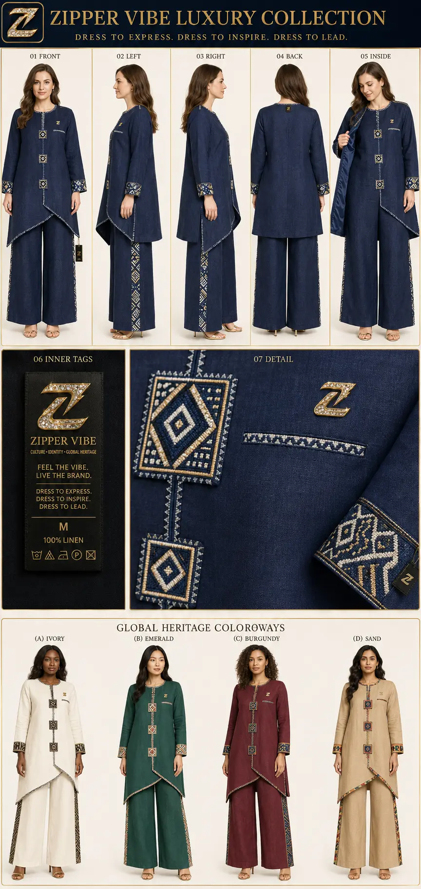 Luxury Linen Tunic Set — Global Heritage · Linen seven-view specification plate; showing 01 Front, 02 Left, 03 Right, 04 Back, 05 Interior, 06 Inner tags, 07 Fabric detail.