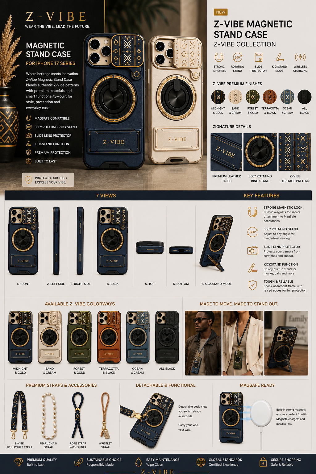 Magnetic Stand Case — Straps Board — Women — House · Cowhide & Bogolan seven-view specification plate; showing 01 Front, 02 Left, 03 Right, 04 Back, 05 Interior, 06 Inner tags, 07 Fabric detail. — 01 Front, Midnight & Gold