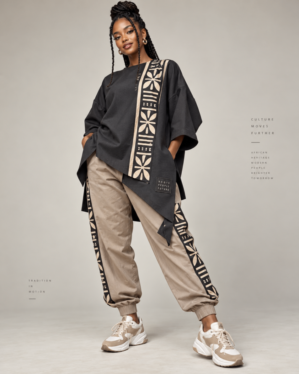 Charcoal Asymmetric Mudcloth Tunic & Taupe Joggers — Women — Product